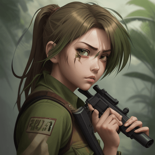AI generated: a girl holding a gun in her hand, in the style of anime art, light brown and green, strong facial ex...