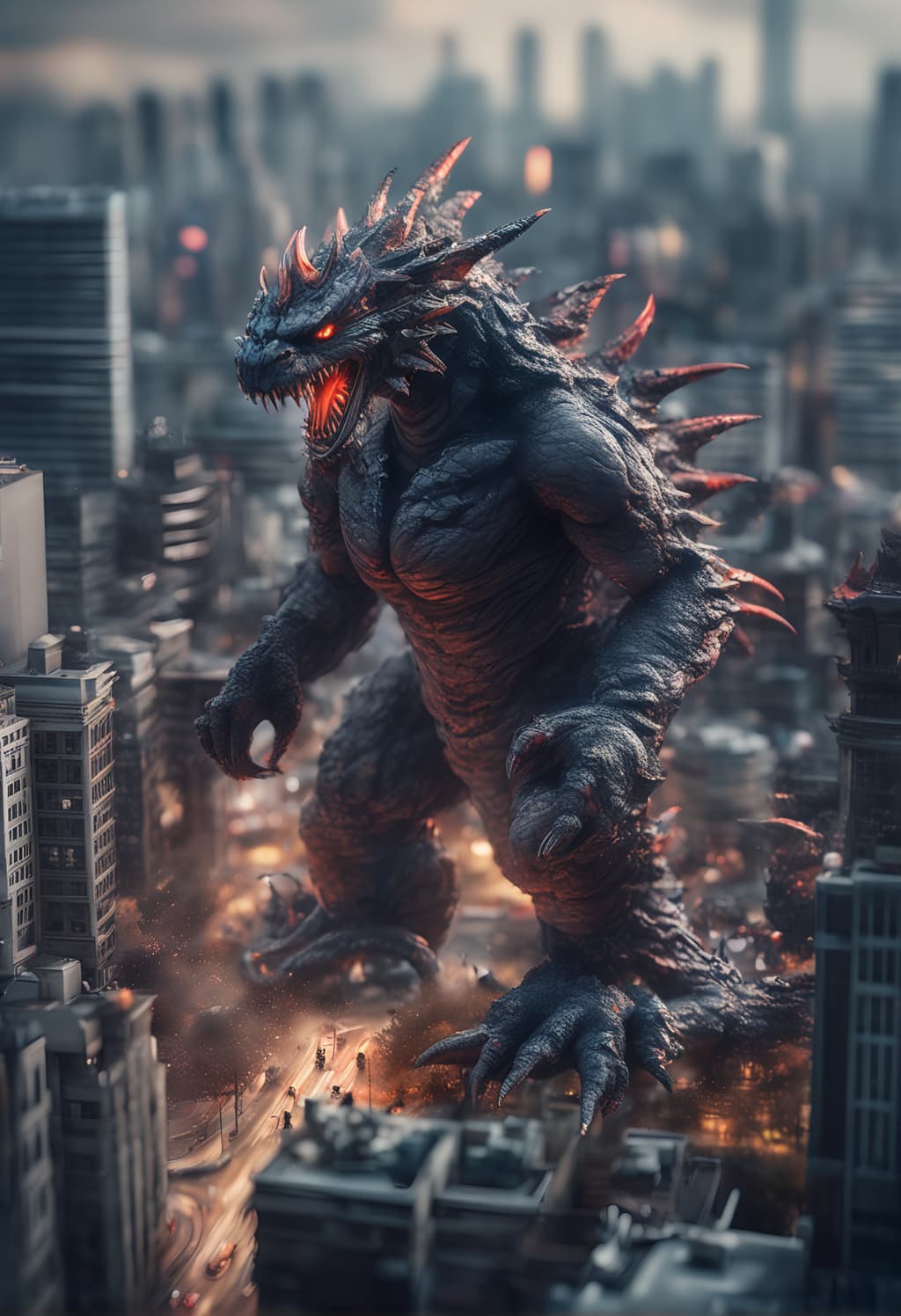 AI generated: tilt-shift photo of Kaiju attacks the city, a masterpiece, horror, Sci-Fi, Tilt- photo, , intricate ...