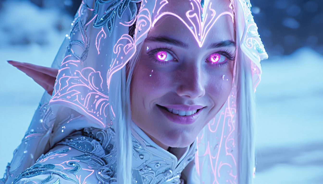 AI generated: Close-up portrait of a young, white shiny-skinned female figure, with striking, glowing magenta eyes...