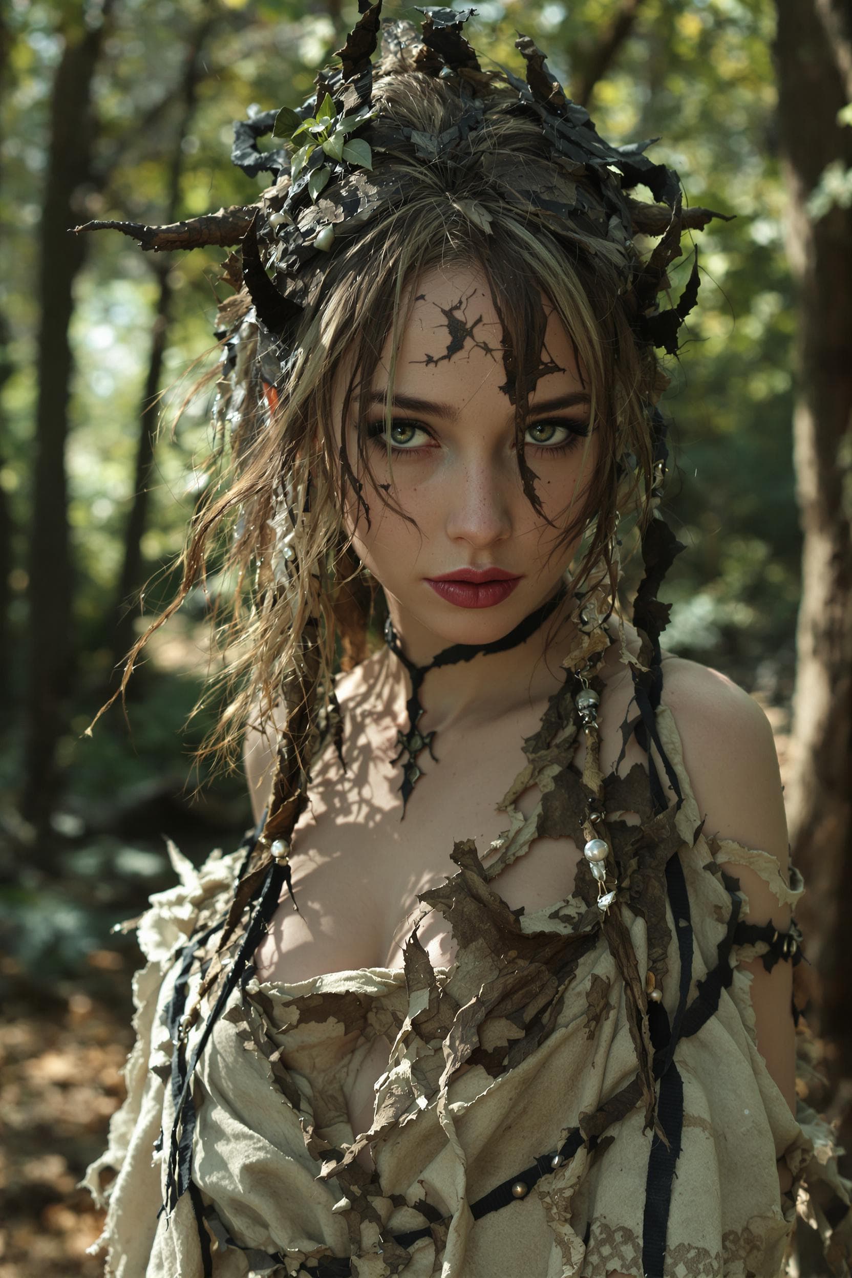 AI generated: 25 year old girl, photo of a seductive nymph druid, hyper detail, intimate facial expression, handcr...