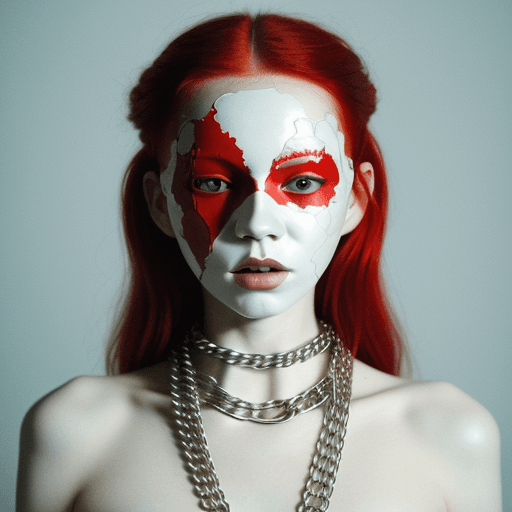 AI generated: A red haired woman wearing a white mask with chains and silver jewellery, with porcelain skin, in th...