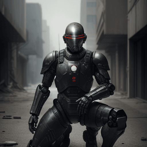 AI generated: black armed apocalypse figure in sci-fi battle armor with cybernetic helmet, aiming on one knee, mas...