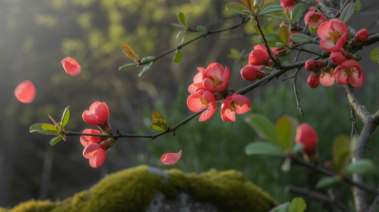 AI generated: A magical Chaenomeles with floating petals and glowing, enchanted blossoms. Willem Haenraets, Jean H...