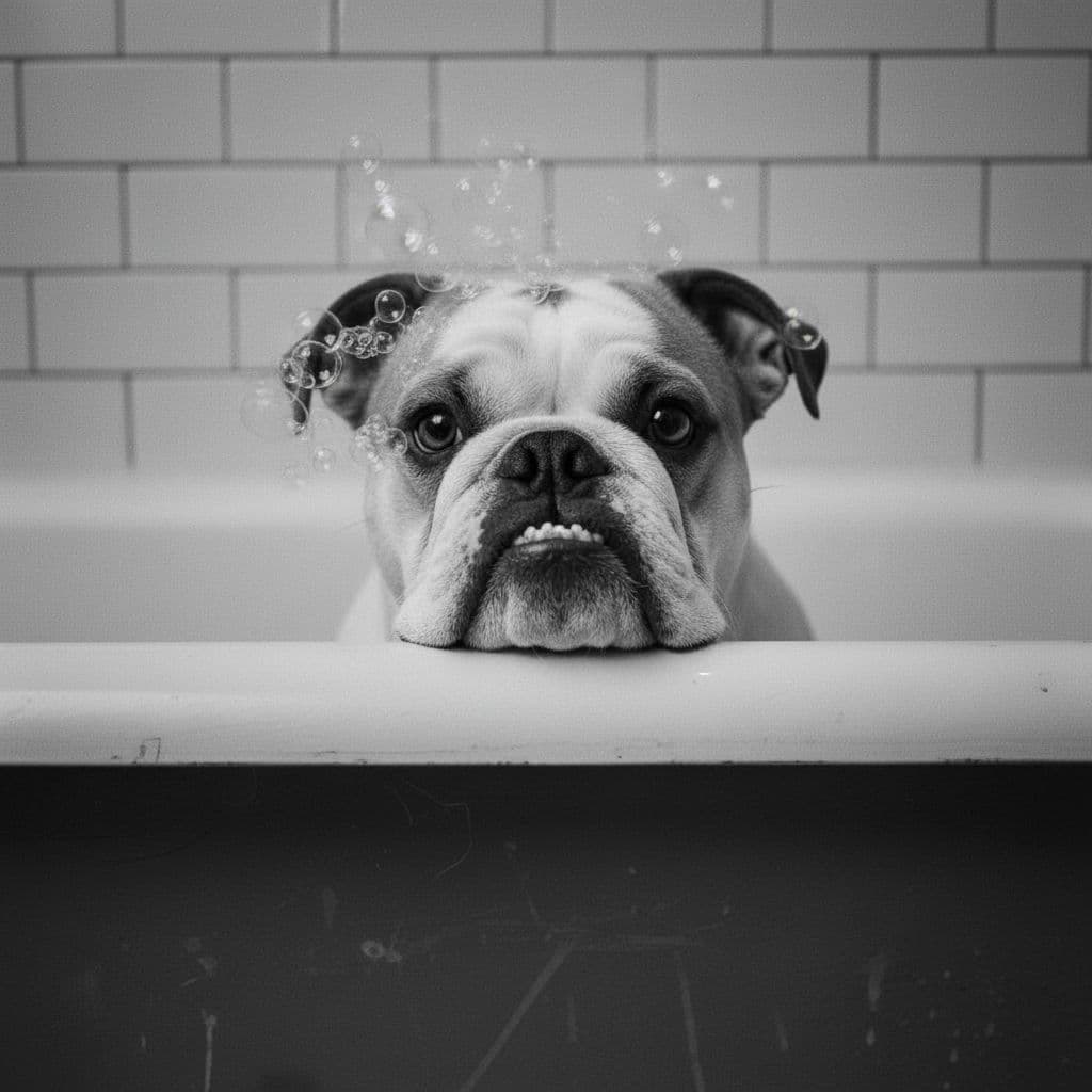 AI generated: Add soap bubbles to it's head and the back wall should be white subway style shower tiles