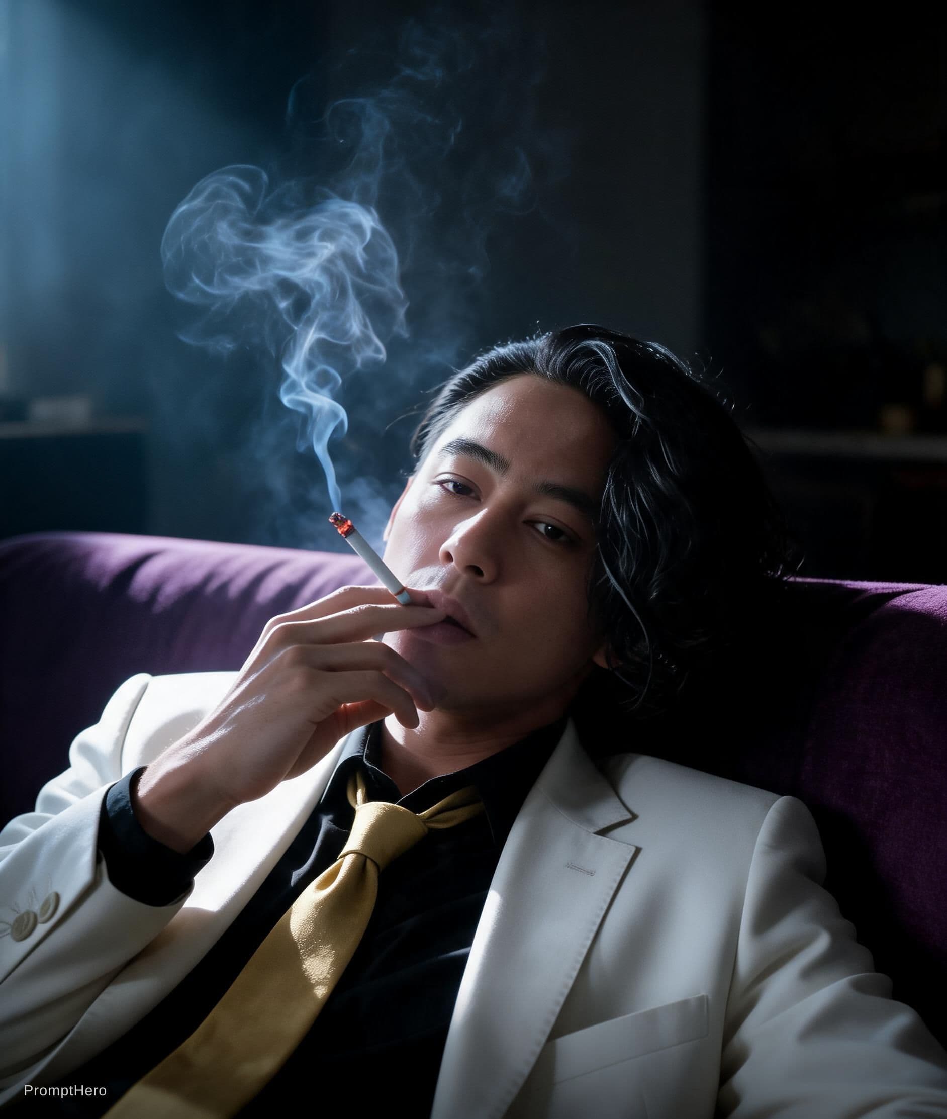 AI generated: snapshot, dimly lit room with a hazy atmosphere, capturing a Male model lounging on a deep purple co...