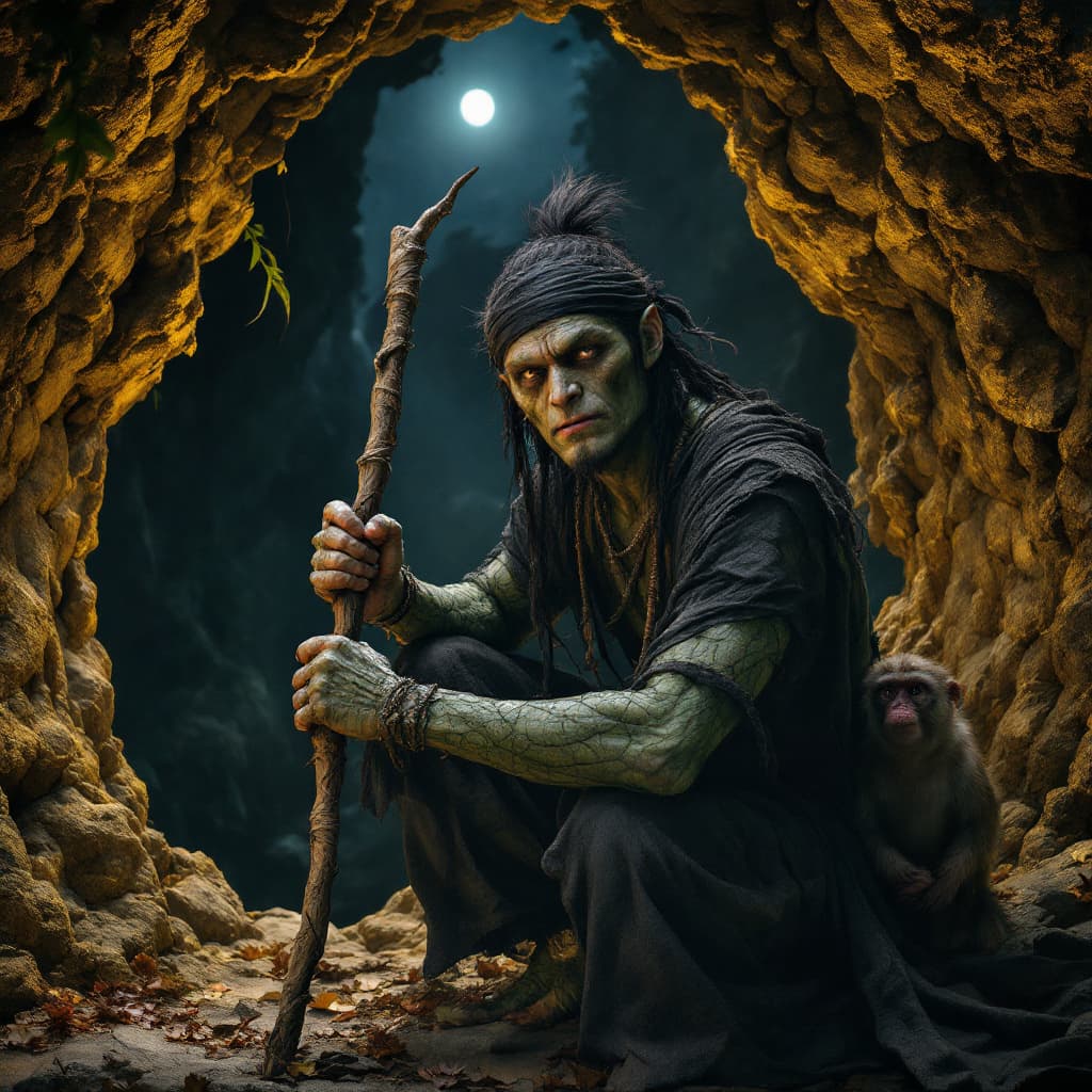 AI generated: A bSi Buta dari Gua Hantu from indonesia heroes, a man, wearing a black headband, holding a stick fr...