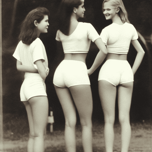 AI generated: three breathtaking teenage women, smiling, wearing short tight t-shirt and white panties, standing  ...