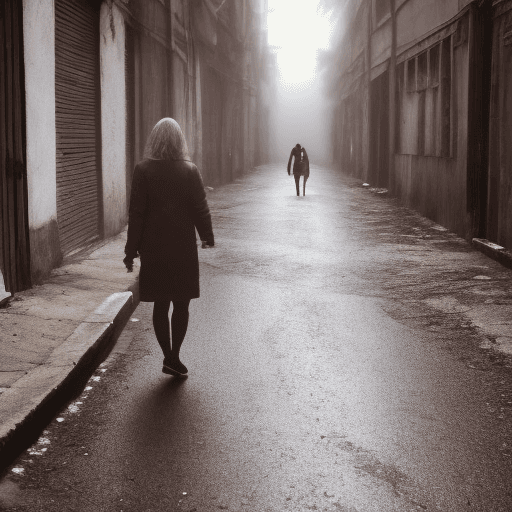 AI generated: realistic female sad walking outside in back alley dirty road 
