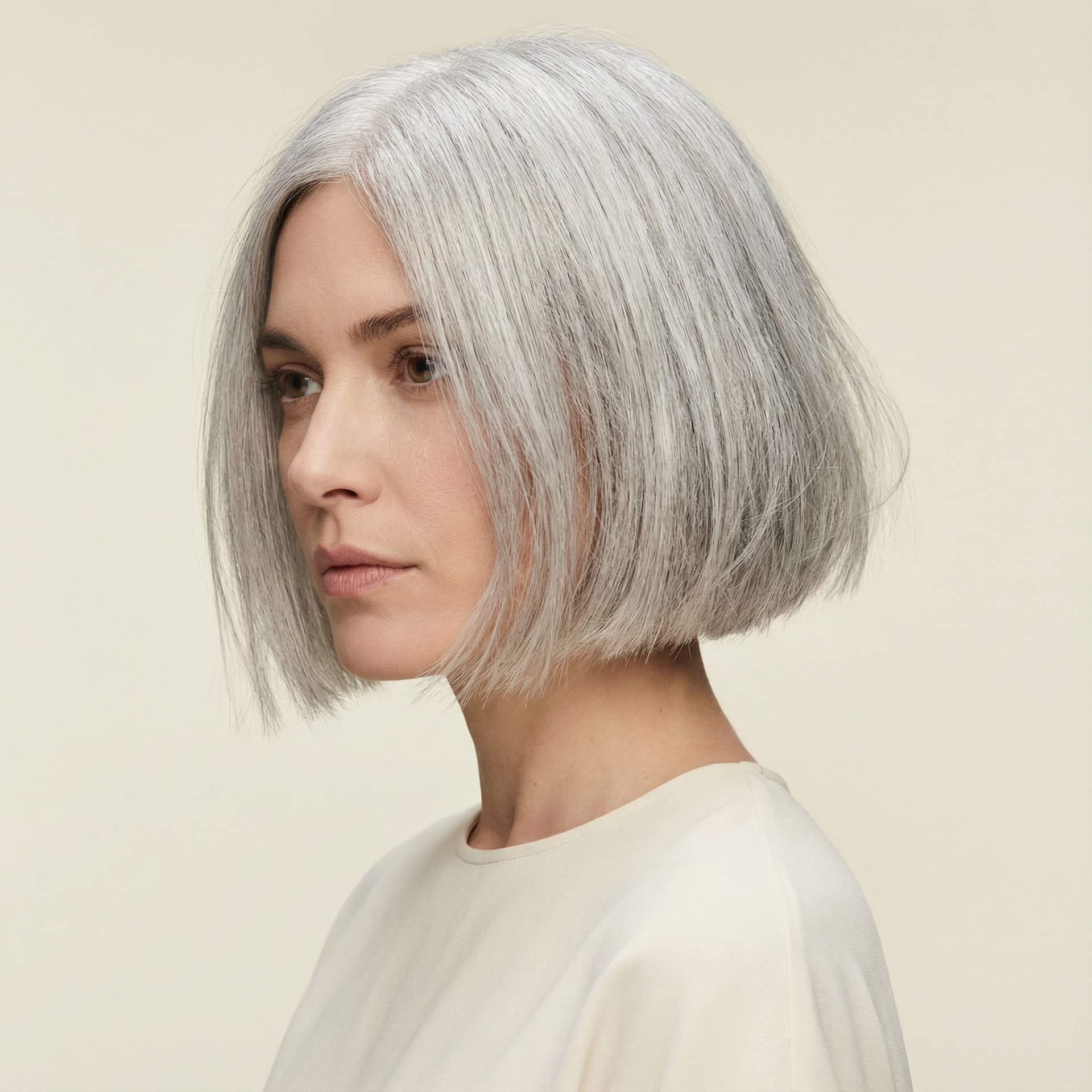 AI generated: hair photography, woman, bob cut hair, silver color, ivory hue background, studio lighting setup, re...