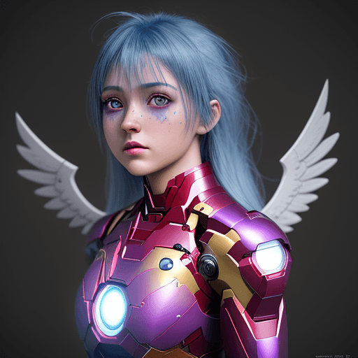 AI generated: angelic Iron man girl warrior::4 hyper-realistic ::5 detailed character expressions :: 3 Ultra-detai...