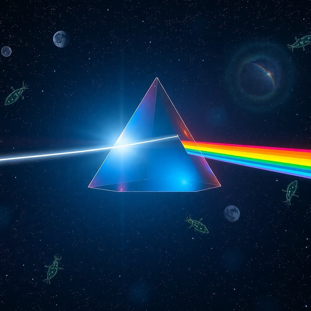 AI generated:  Trippy, psychedelic, and surreal, A giant, clear three-sided prism floating in outer space with whi...