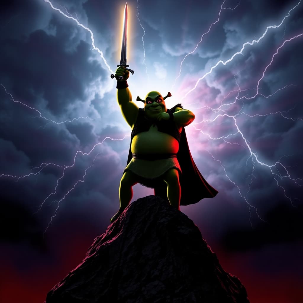AI generated: A realistic, in-camera depiction of an intimidating, heroic Shrek figure silhouetted atop a peak, wi...