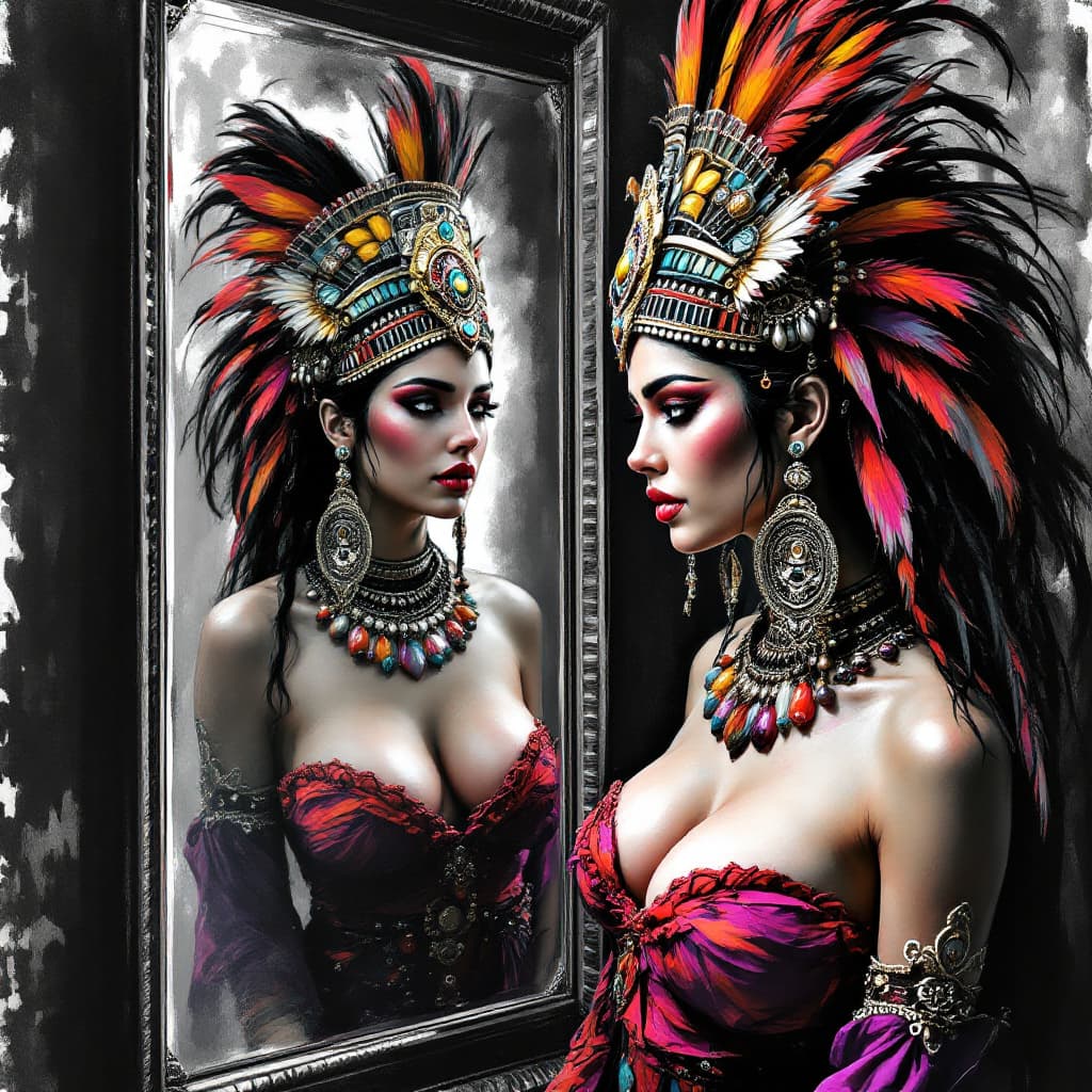 AI generated: transform a black and white, Ink painting of of a beautiful but plain dressed Latina woman looking i...