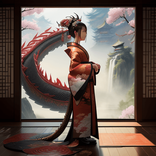 AI generated: masterpiece, mid shot, highly detailed, concept art, centered, (1girl:1.5), kimono, standing next to...