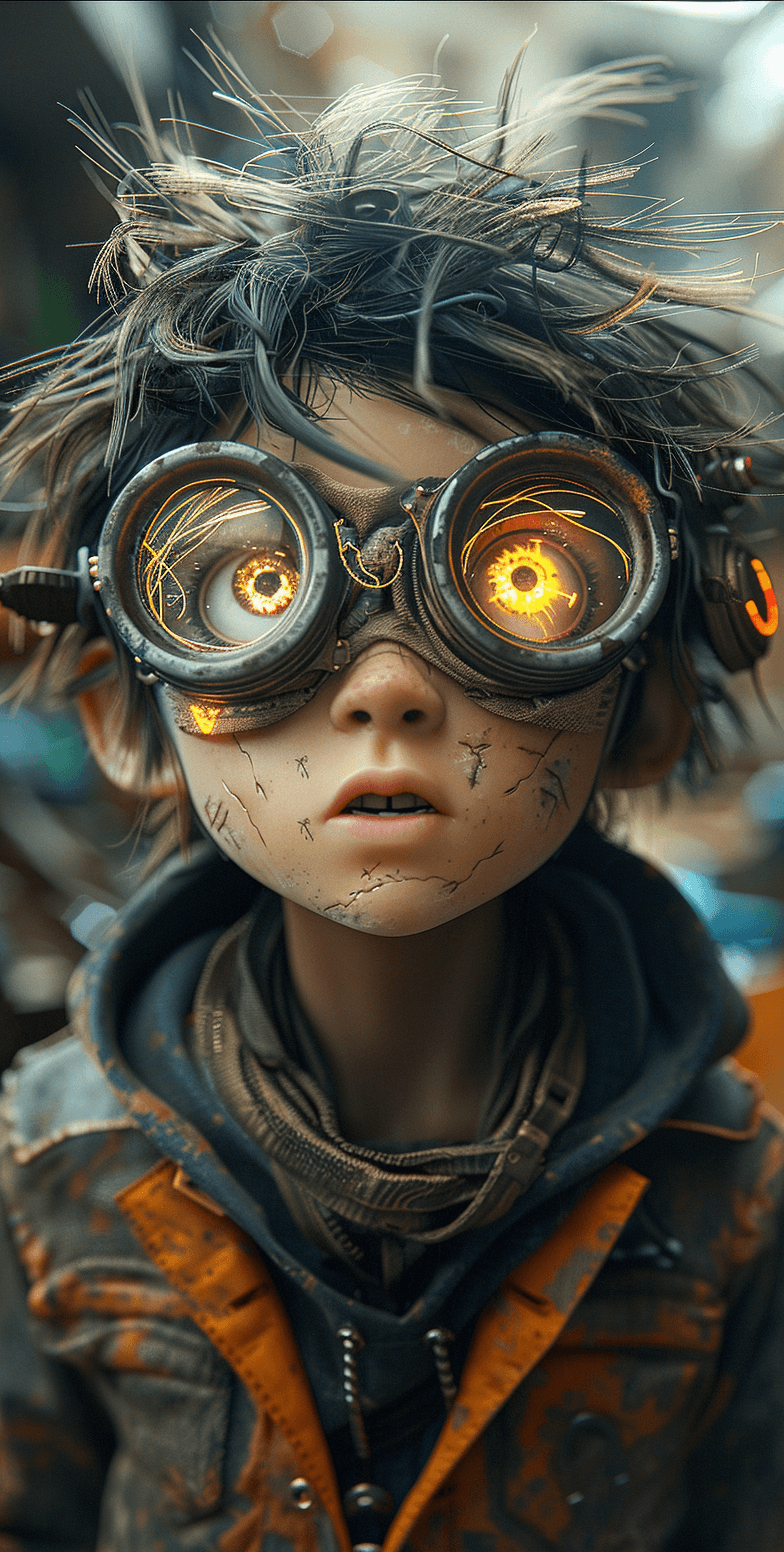 AI generated: A Pixar-style animated portrait of a young, whimsical post-apocalyptic kid wearing goggles with glow...