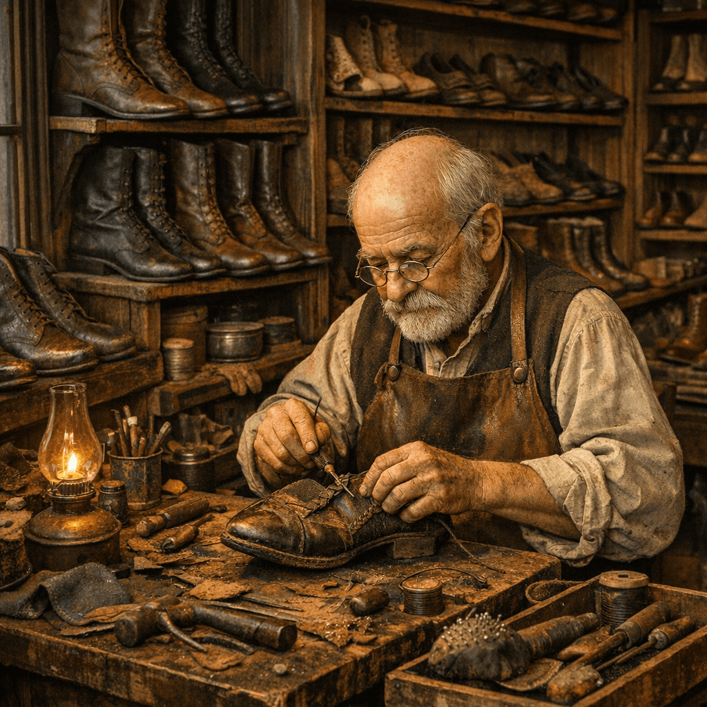 AI generated: late 1800's shoe shop with shelves of shoes and boots, the cobbler, a little old man with wire rimme...