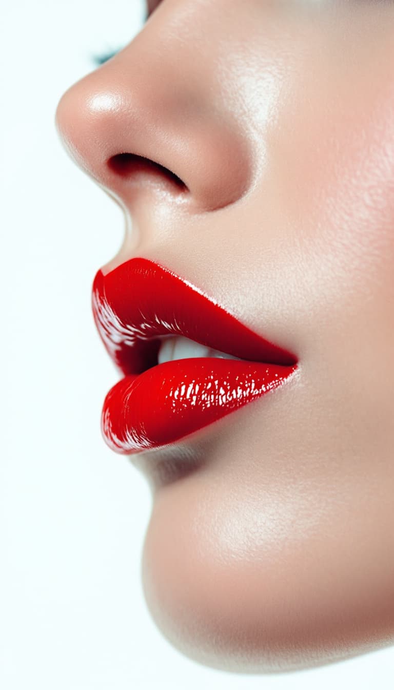 AI generated: A close-up of the red lips and nose of an elegant woman against a white background, in the style of ...