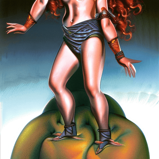 AI generated: Full body shot, red headed female amazon warrior, upturned eyes, wide lips, freckles, athletic and p...