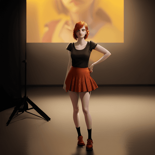 AI generated: phot of a beautiful emma stone with freckles, wearing a red skirt, black top, and yellow shoes, cine...