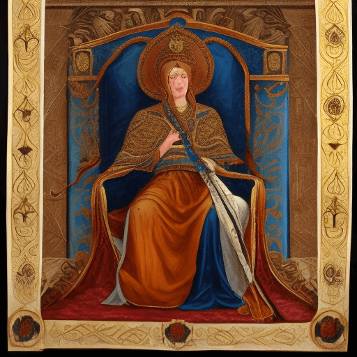 AI generated: a defiant byzantine empress, defeated and chained by the neck
