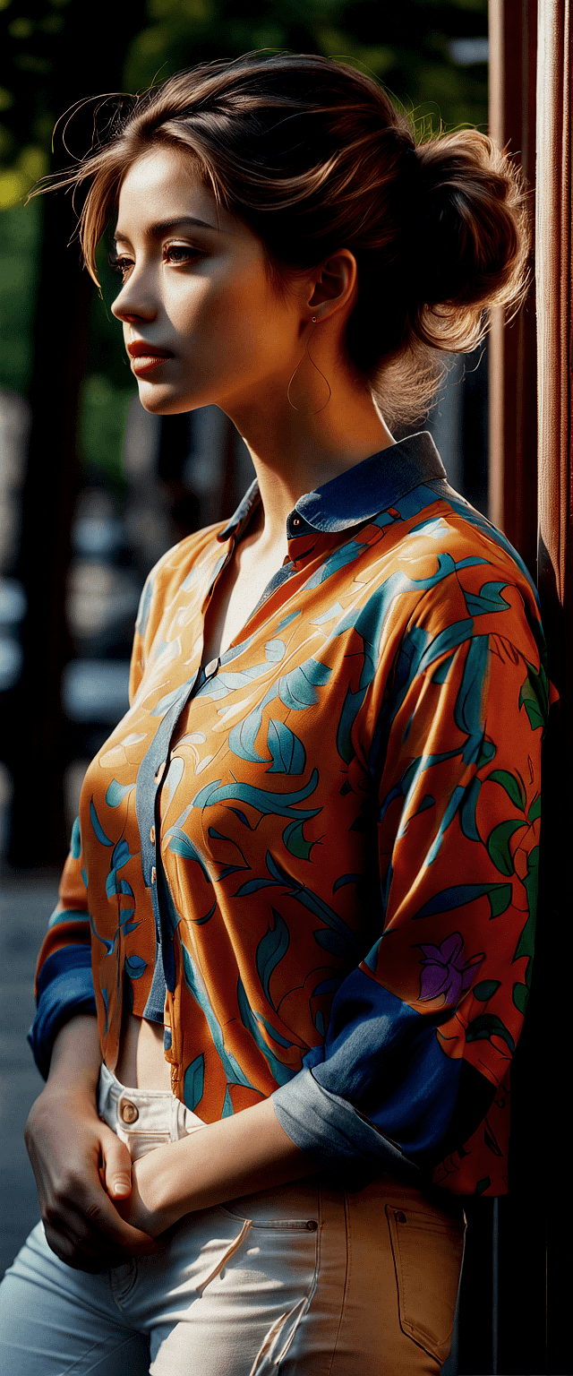 AI generated: The image features a woman standing in a doorway, wearing a colorful shirt and white pants. She has ...