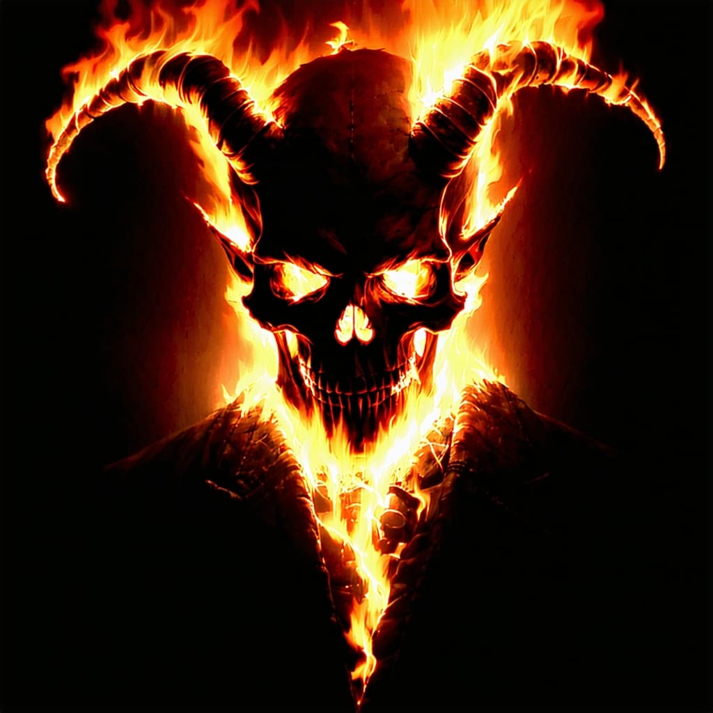AI generated: a burning demon, skeleton face, brutal composition, gloomy, emotionally profound, horror, intense an...