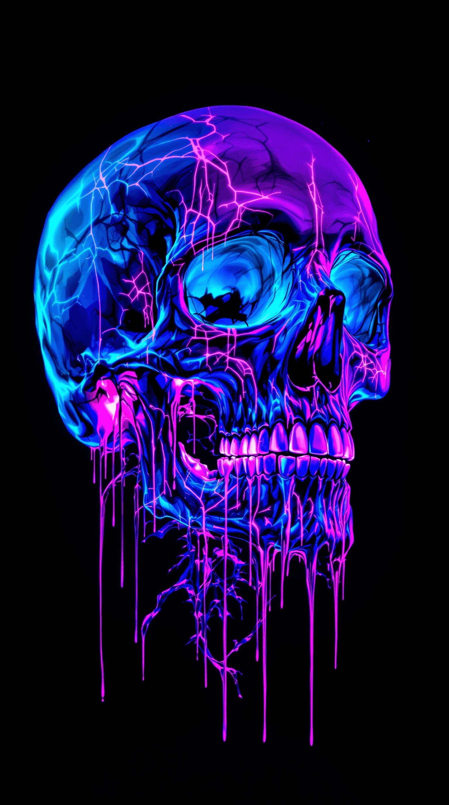 AI generated: A surreal, neon-drenched skull artwork glowing with vibrant ultraviolet colors. The skull is drenche...