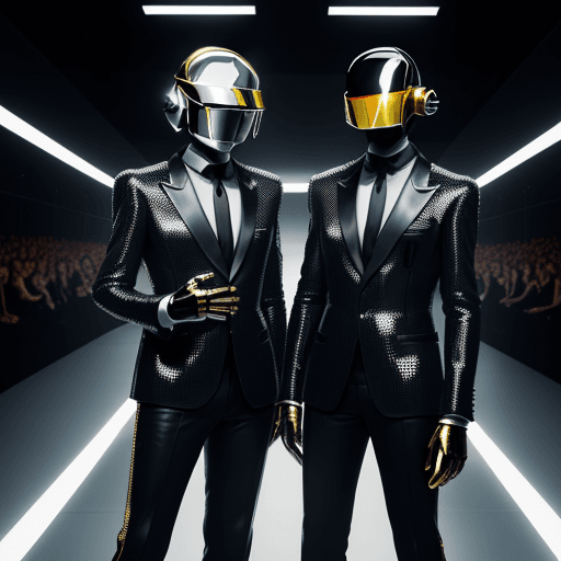AI generated: daft punk walking through a fashion stage, surrounded by photo flashes