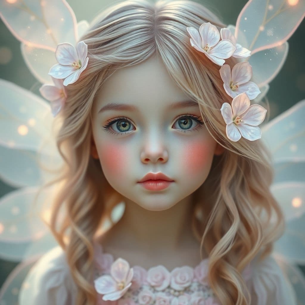 AI generated: A radiant fairy-like girl with delicate and innocent facial features, soft pastel-colored hair glowi...