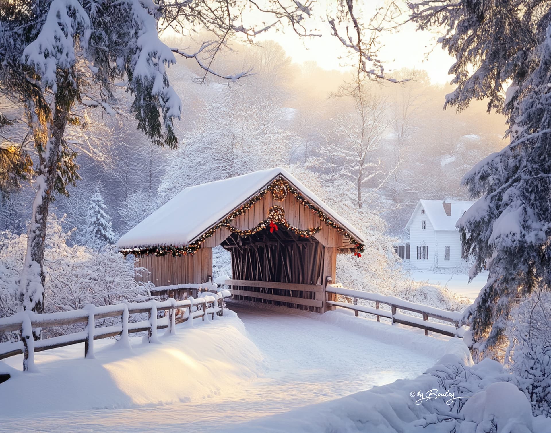 AI generated: A winter landscape with a covered bridge in the foreground, covered in snow, Christmas decorations, ...
