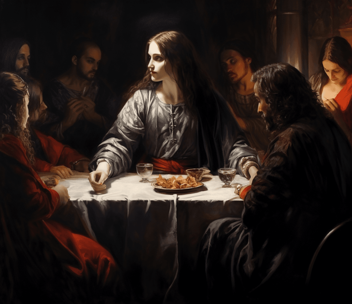 AI generated: a painting of jesus as a woman at the supper, all disciples are women, perfect hands, perfect faces,...
