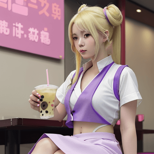 AI generated: Anime-like blonde girl drinking a boba tea with two buns in her hair, wearing a cute pastel purple o...