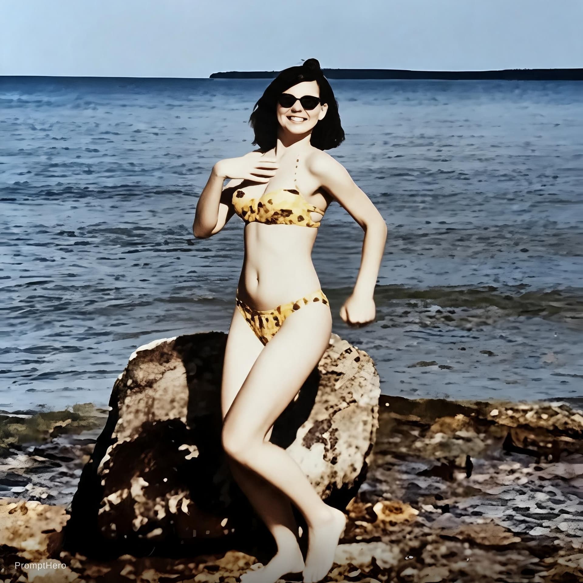 AI generated: lady dances vigorously towards camera, bouncing and swaying hips side to side. she smiles and touche...