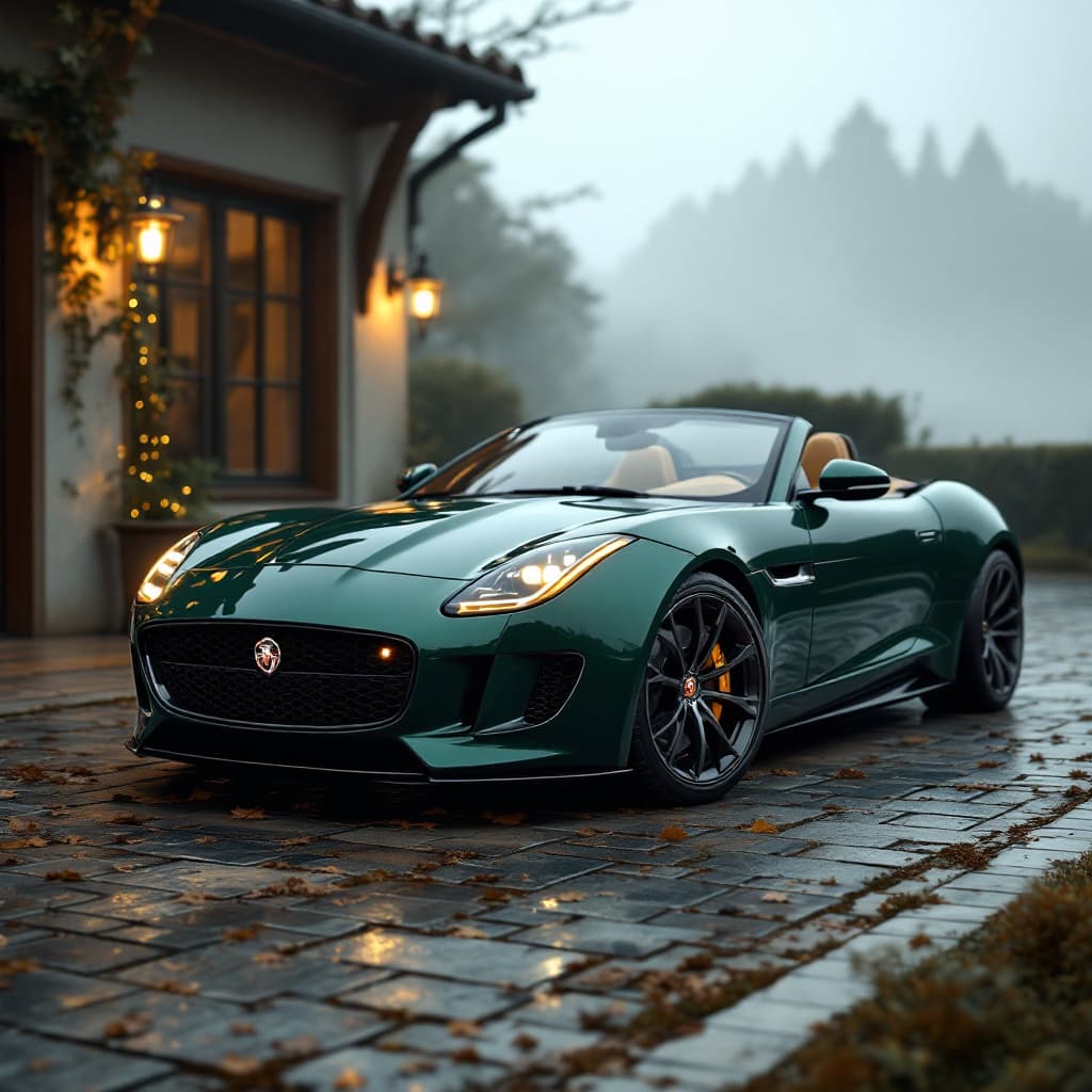 AI generated: General outline of a latest model British racing green convertible jaguar 
ftype with a light beige ...