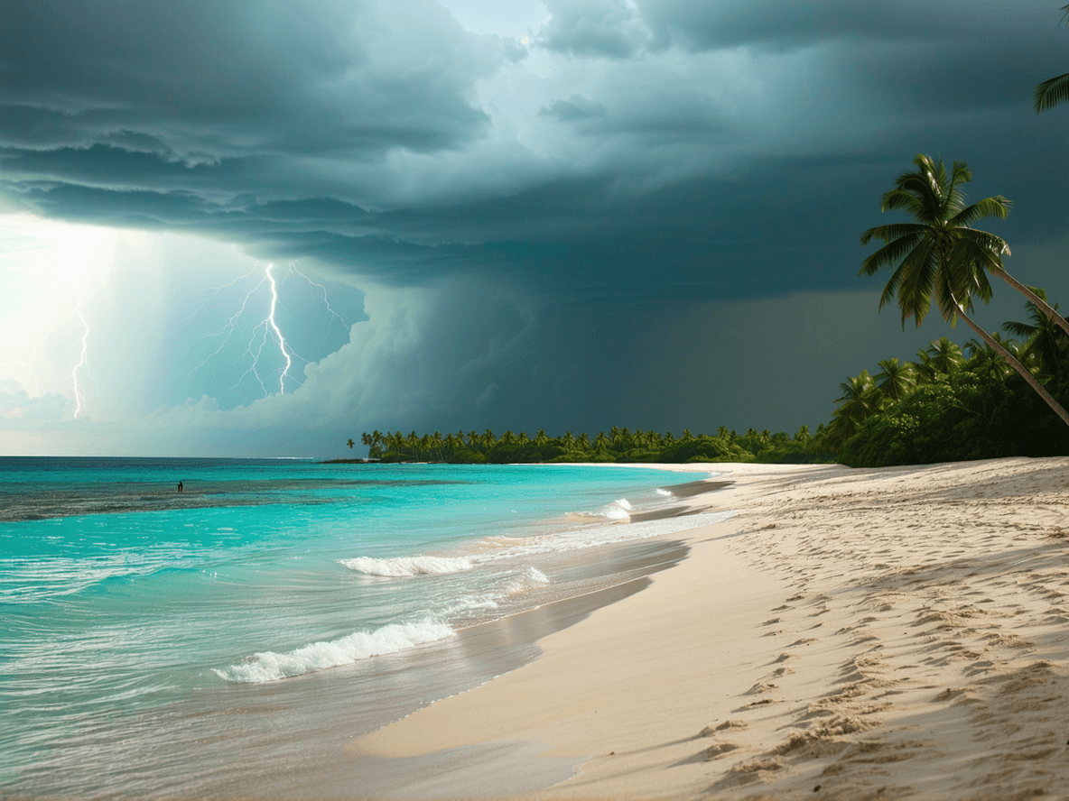 AI generated: An ultra realistic, panoramic, photo of a beautiful beach of a deserted tropical island, with a stor...