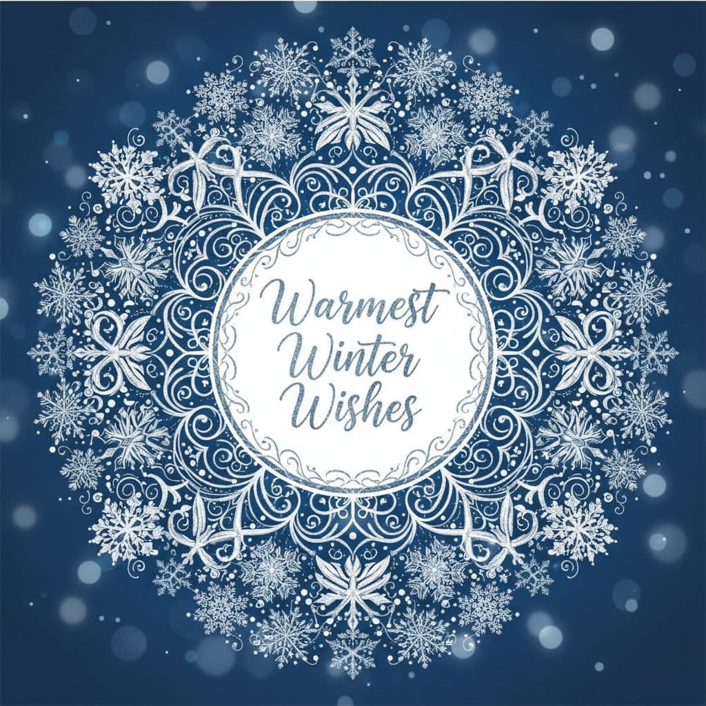 AI generated: Snowflake mandala pattern, message text in Great Vibes, festive script.