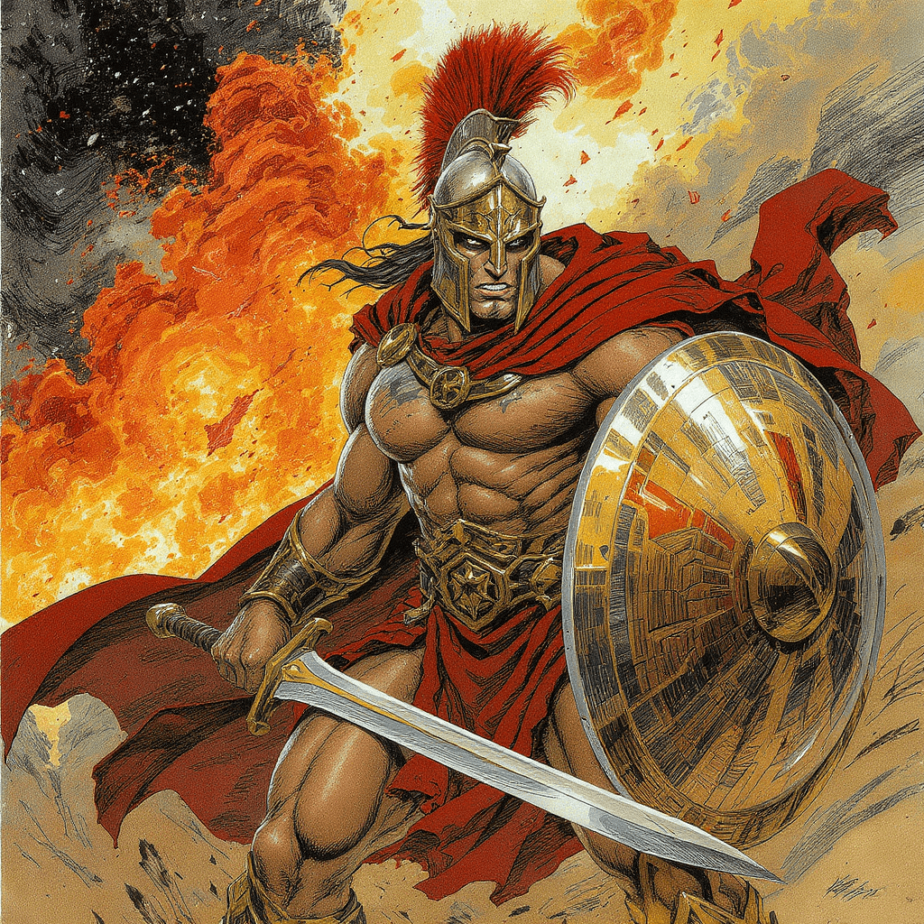 AI generated: Comic book realistic illustration, full body shot of a young gorgeous Spartan conan with thick aesth...