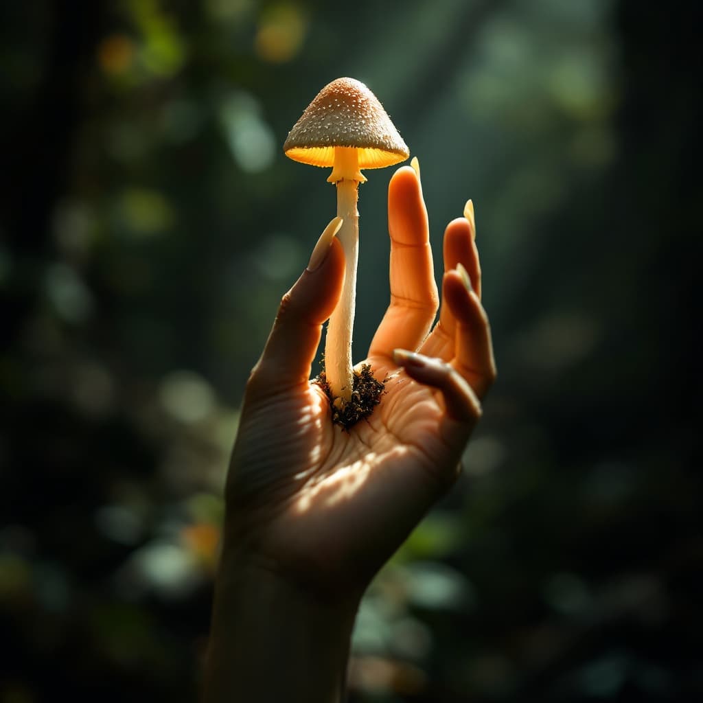 AI generated: elegance female hand, side view reaching up. the fingers are turning into mushrooms. dramatic lighti...