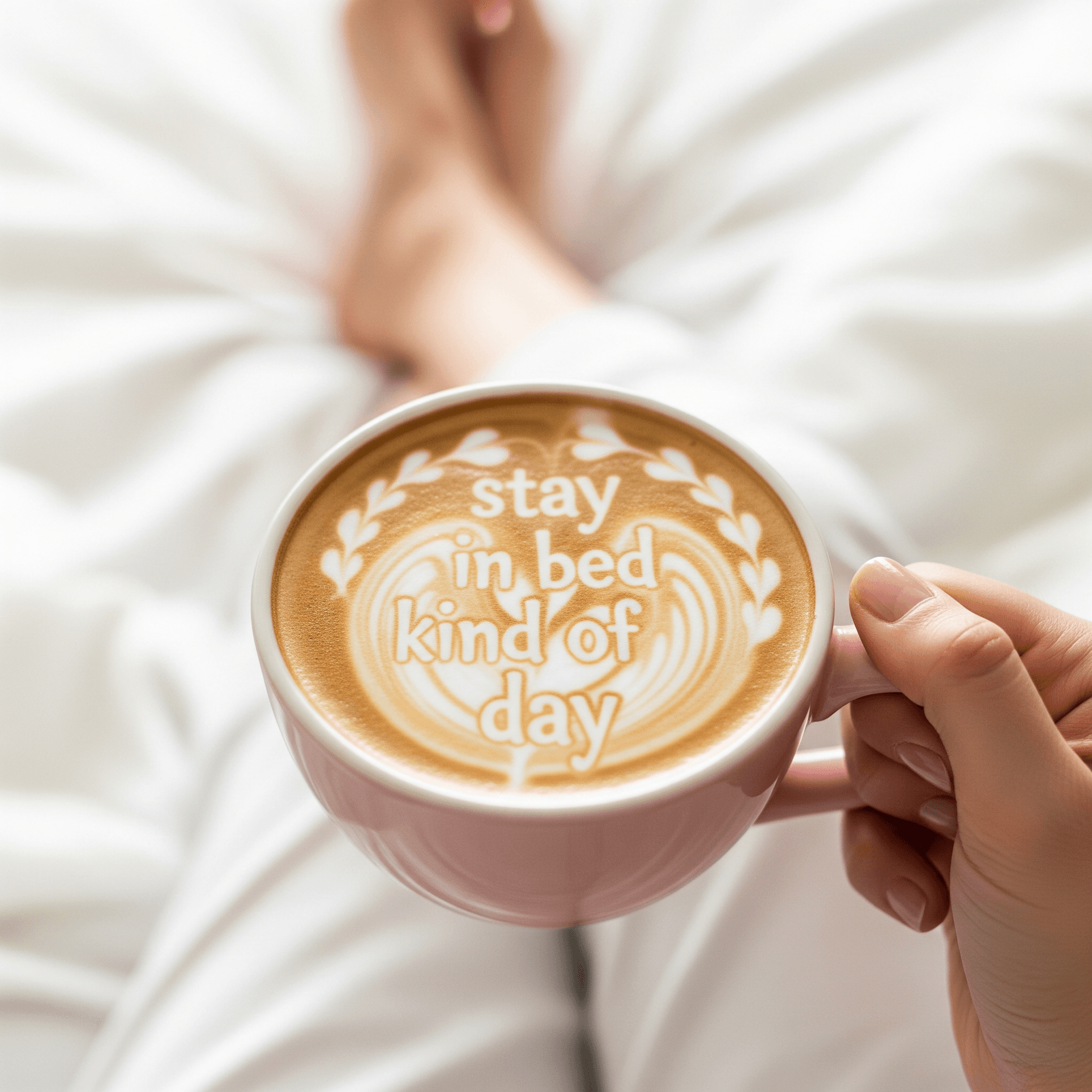 AI generated: A top-down close-up shot of a hand holding a light pink ceramic mug. The mug is filled with a creamy...
