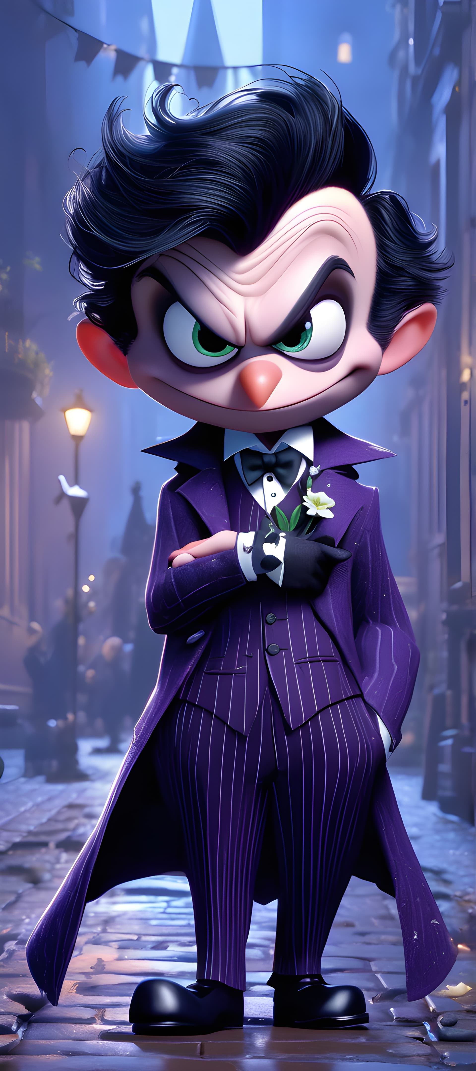AI generated: cute Oswald Cobblepot, poses ,pixar, cgi, intricate details, elaborate, vibrant, action pose, wide s...
