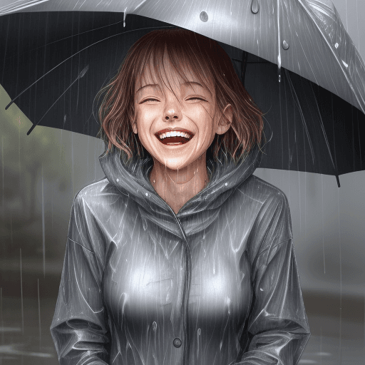 AI generated: laughing and smiling, raining, wet clothes , woman,sketch

