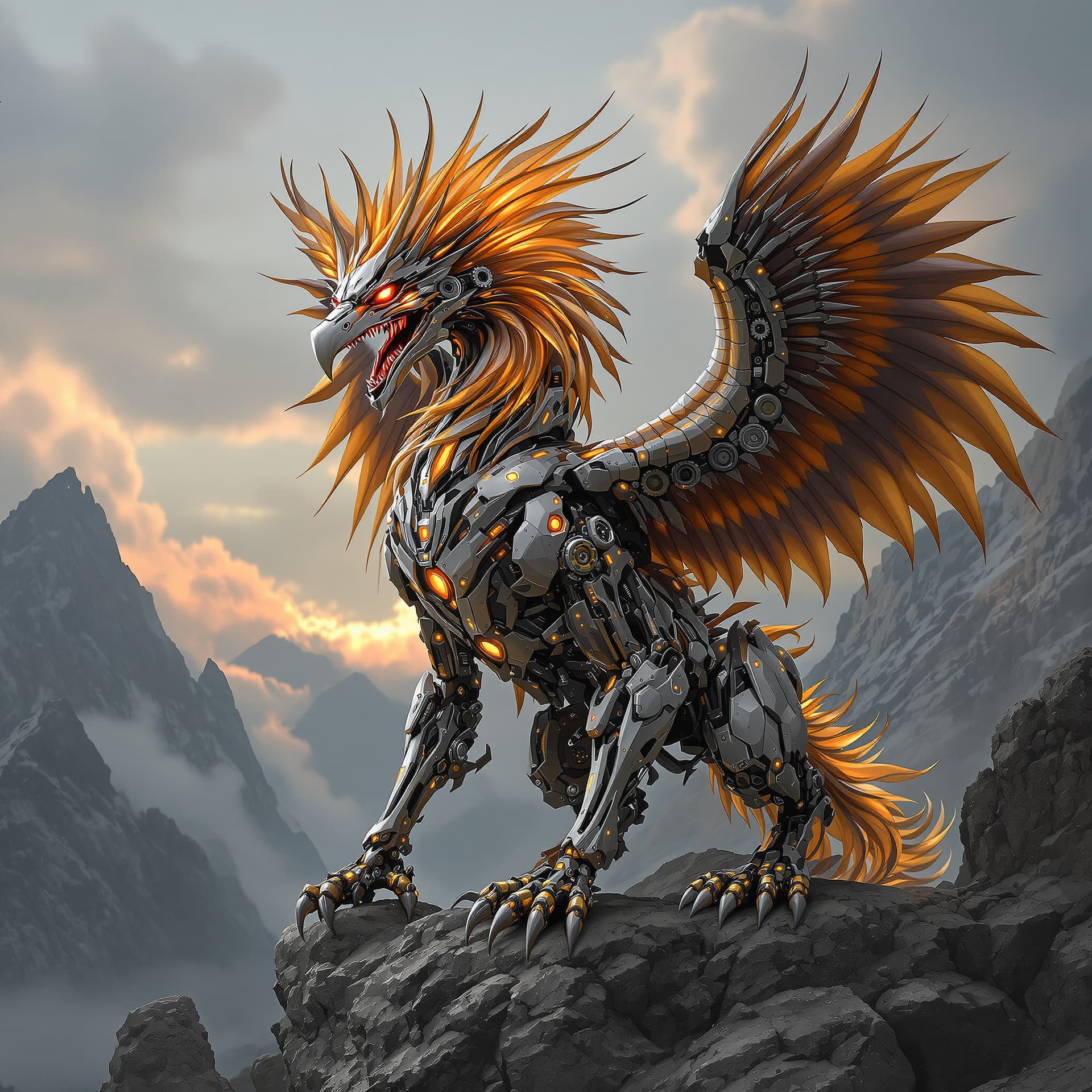AI generated: Image is a digital artwork featuring a mechanical Gryphon with intricate details. The Gryphon has a ...