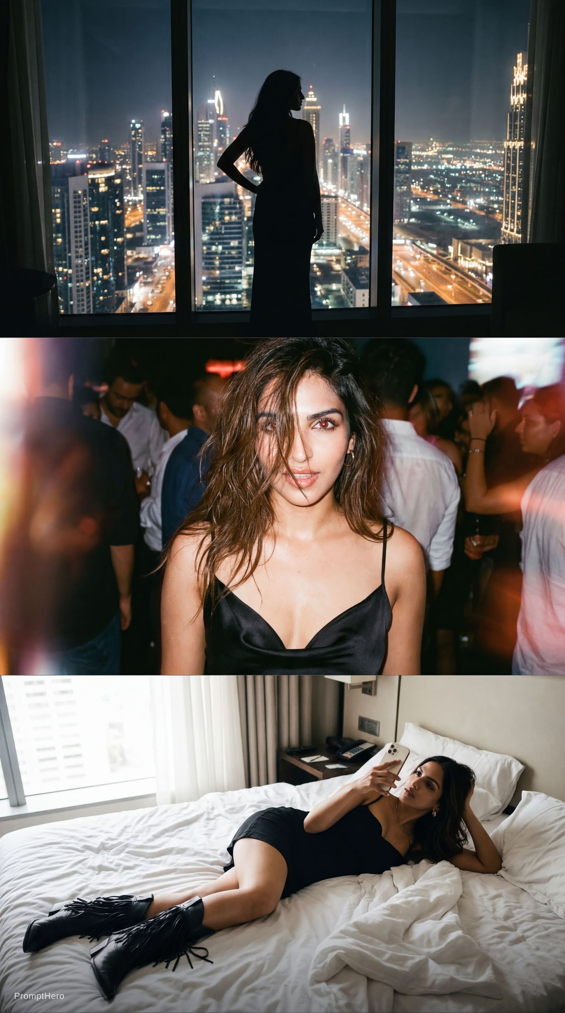 AI generated: A collage of three cinematic photographs of a glamorous young woman with long hair in an “it-girl” s...