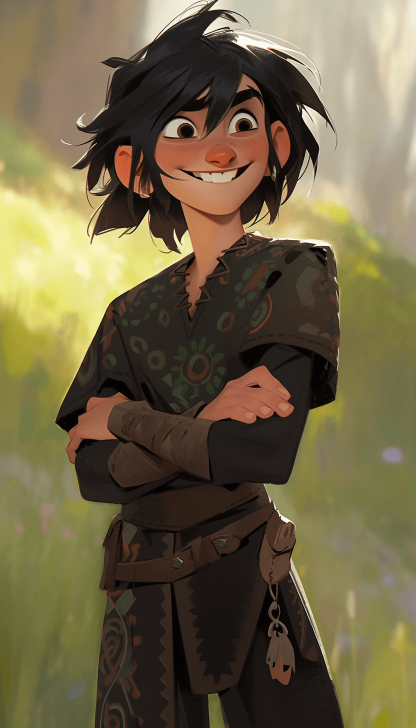 AI generated: Young man, black hair, deep brown eyes, fair complexion, freckles, wearing a black and silver viking...