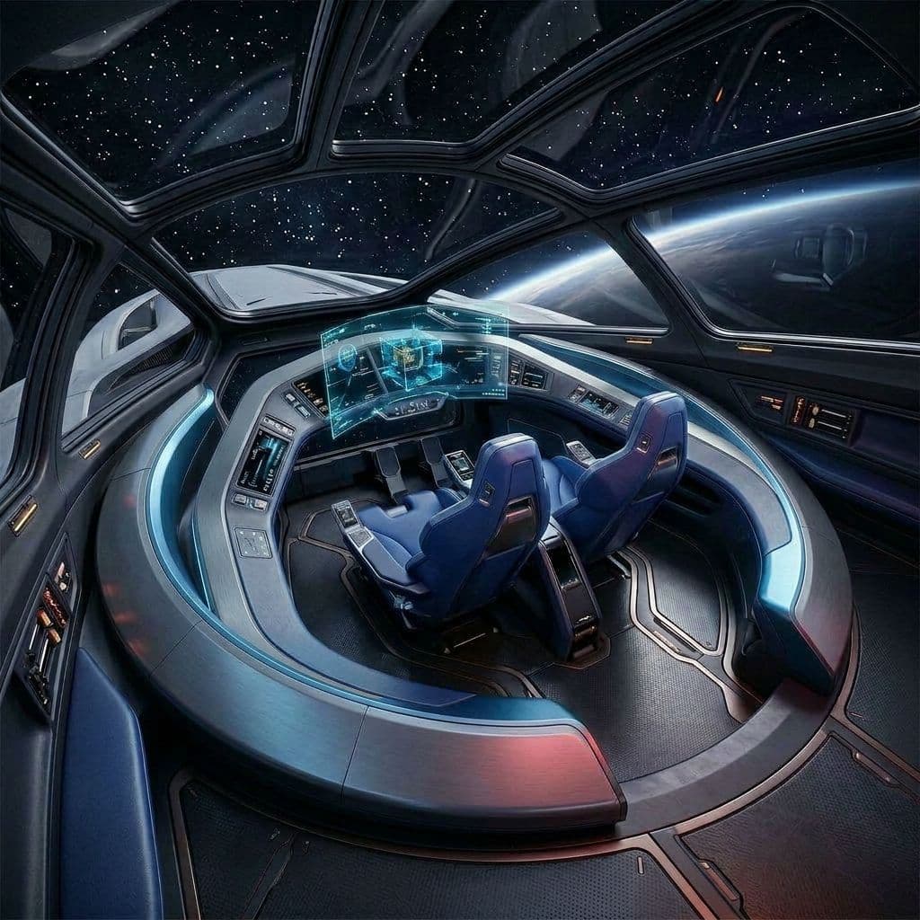 AI generated: Use the Reference Images to imagine, in detail, a Spacecraft 'C-shaped' Bridge design. Show Change i...