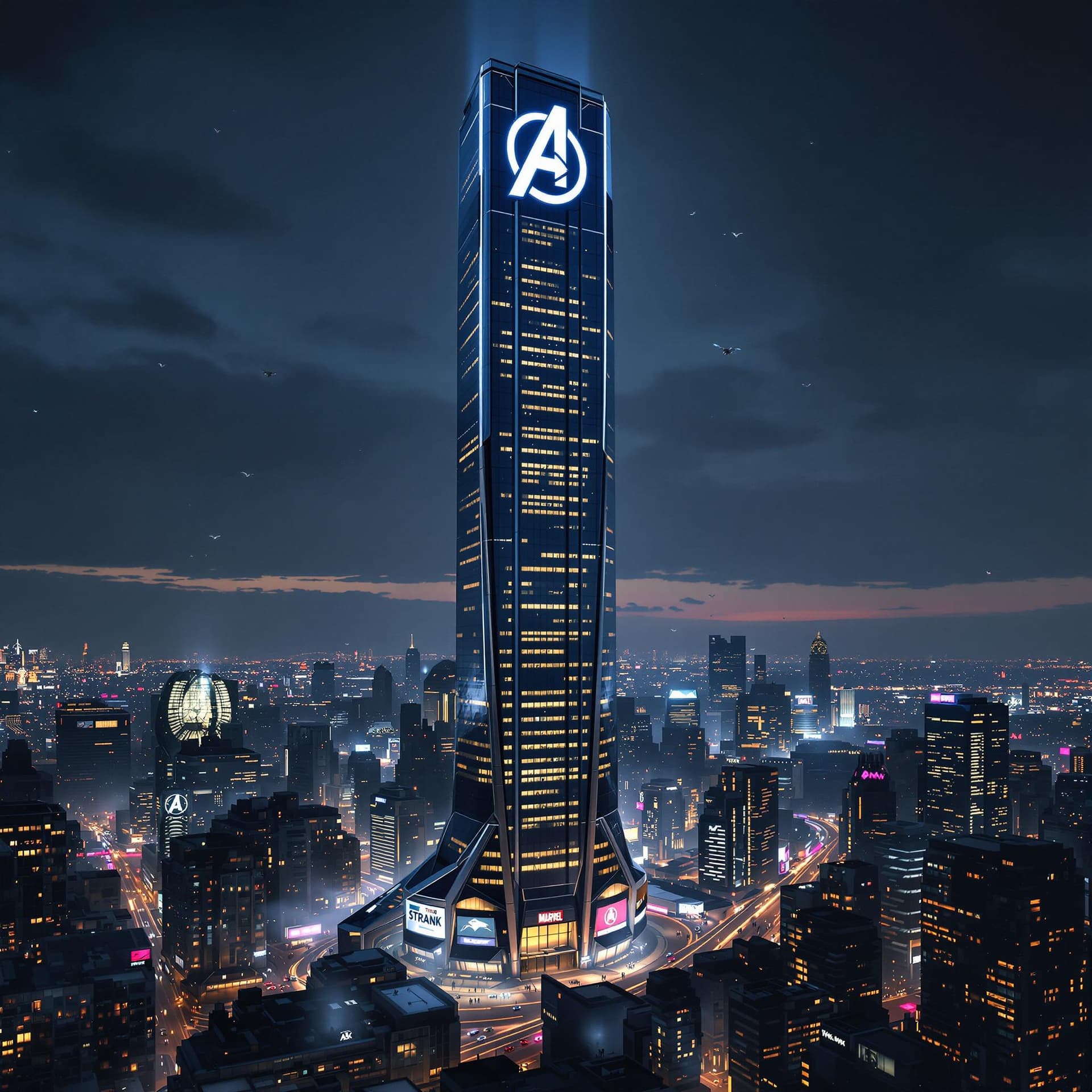 AI generated: A futuristic skyscraper towering over the New York City skyline at night—the iconic Avengers Tower, ...