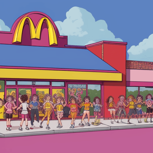 AI generated: Memphis school illustration of a 90's rave full of alternative people inside a McDonald's.