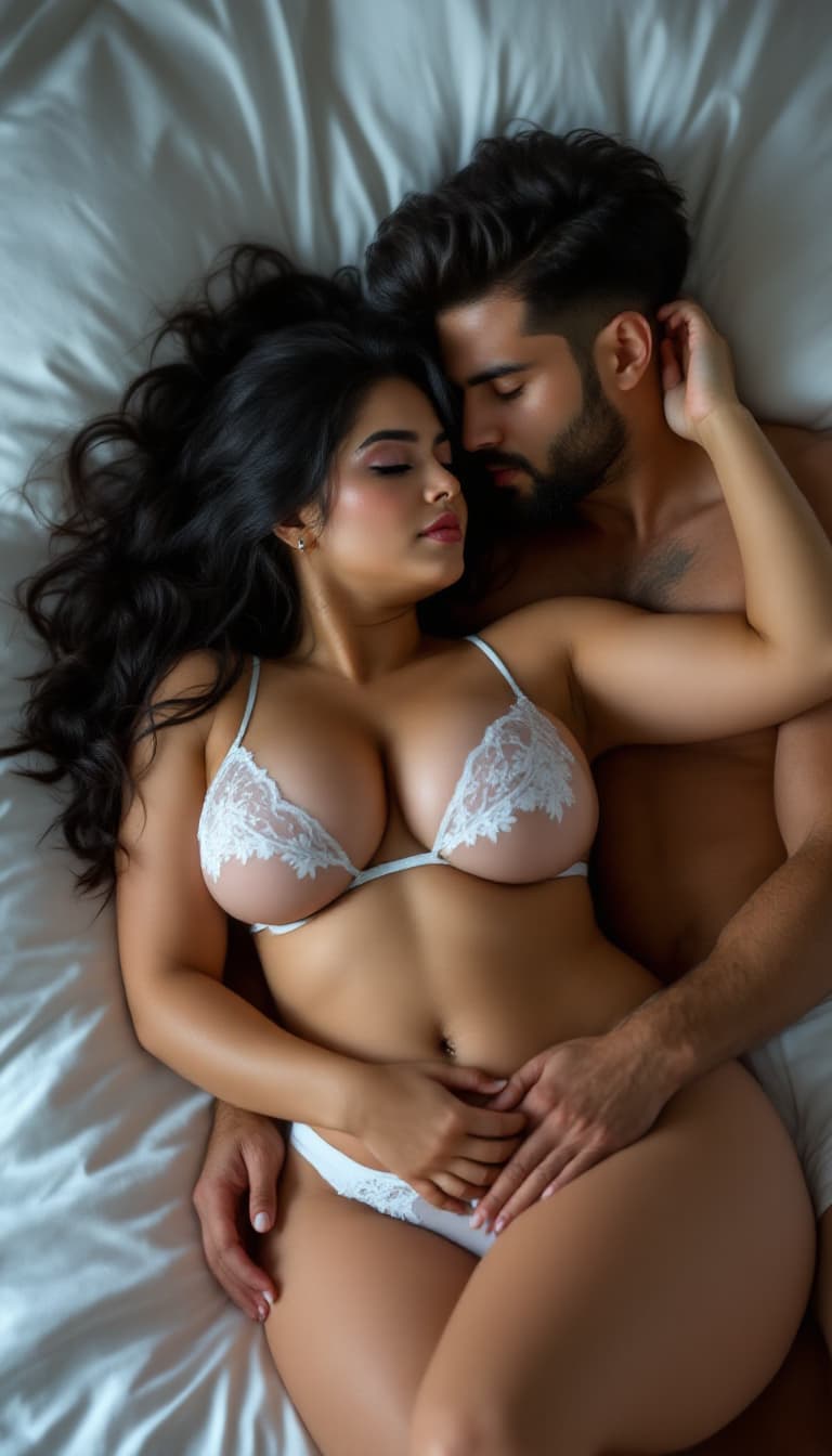 AI generated: Full body shot, full face , couple, husband  and wife, laying in bed together , husband sexually cud...