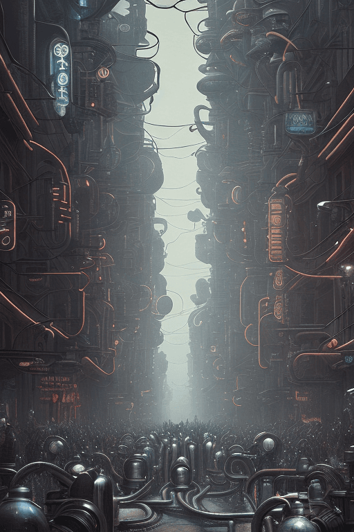 AI generated: A retro-futuristic 19th century city street, strange beings with bright black heads and highly artic...