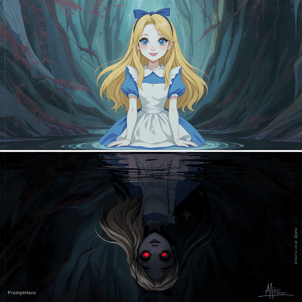 AI generated: Sharp contrast, top: Alice from 'Alice in Wonderland', beautiful surrealist, cheerful expression, bl...